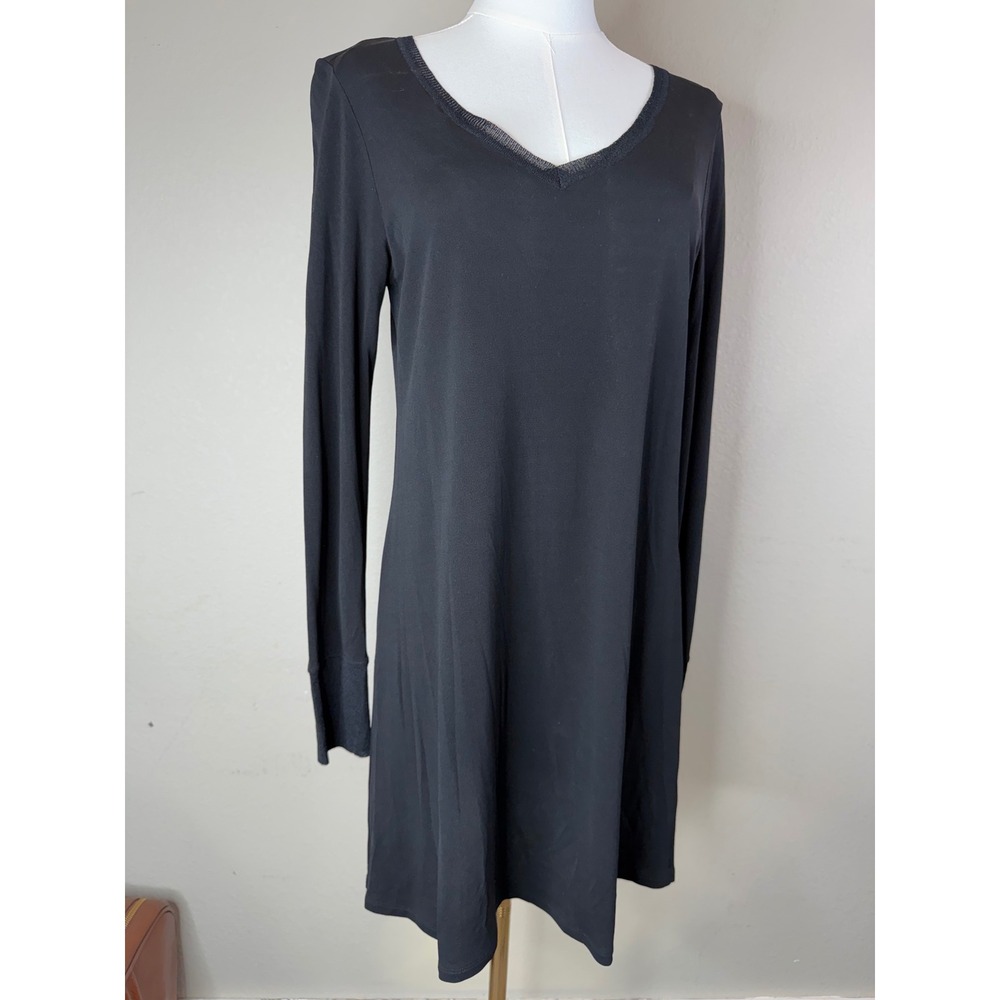 Eileen Fisher Black 100% Silk Jersey V-Neck Long Sleeve Tunic Dress Mesh Trim S